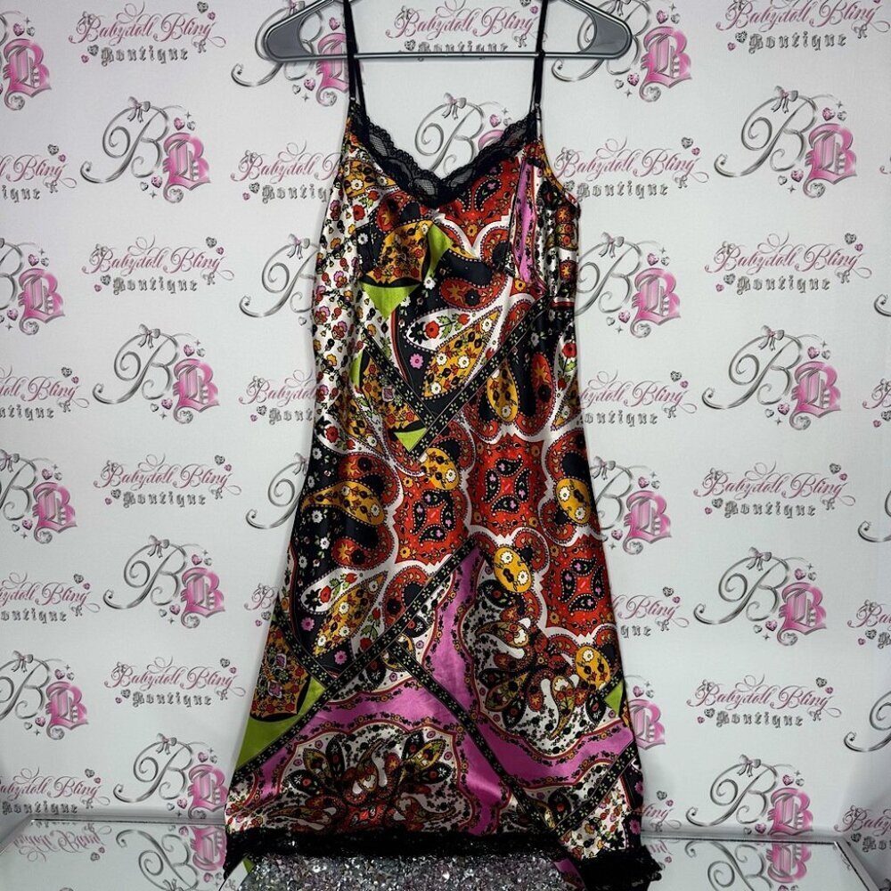 Linea domani dress silky shiny paisley print luxury boho long maxi sexy lace